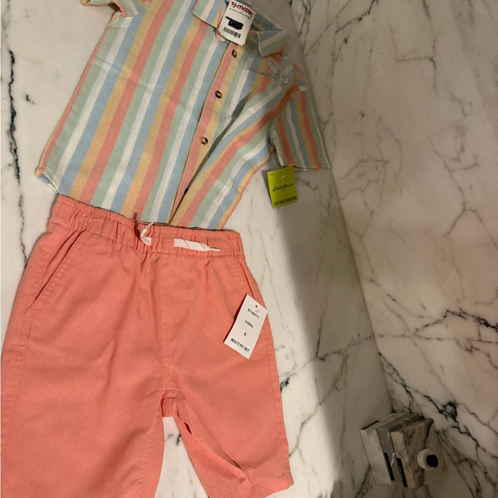Eddie Bauer Multicolor Striped Shirt and Pink Shorts Set